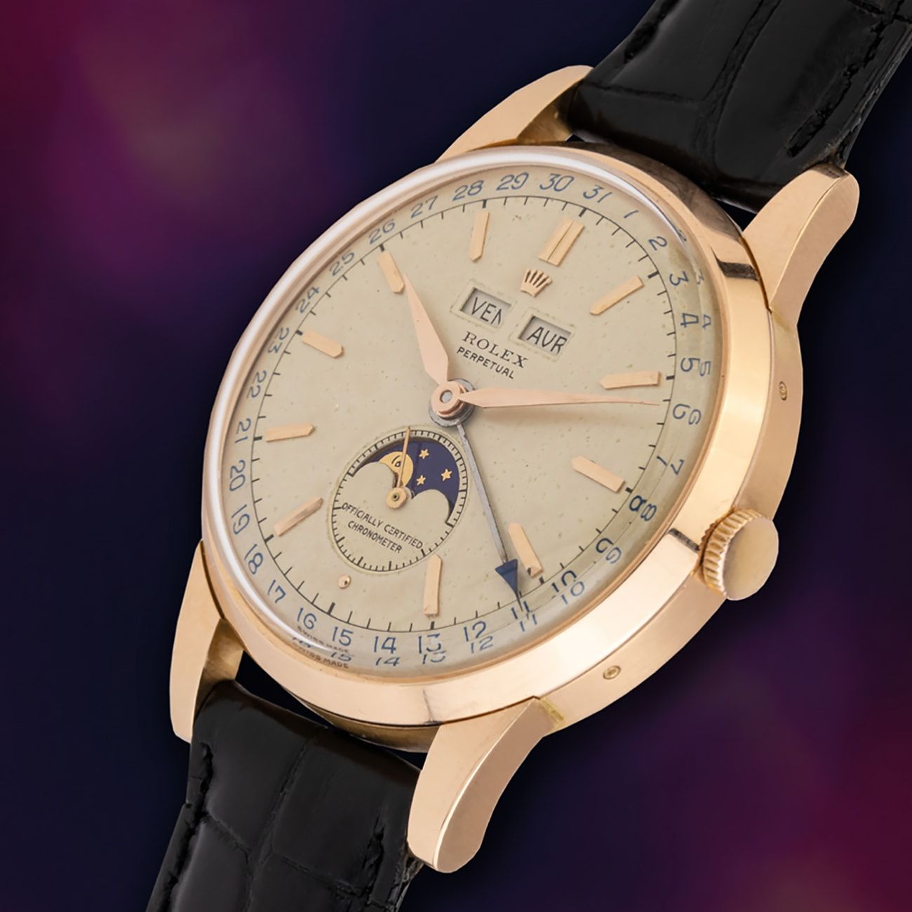 Possibly one of the most beautiful examples of the very rare 18k Pink Gold Rolex “Padellone” reference 8171. The “Padellone” is one of the most important vintage Rolex references as, together with the 6062, it was the first triple calendar moon phase complication introduced by the brand in the 1950s. Arguably, its most appealing feature is the large case size at 38 mm, a big watch for the 1950s, and the reason that the watch has the nickname “Padellone”; Italian for “large frying pan”. A truly spectacular example.