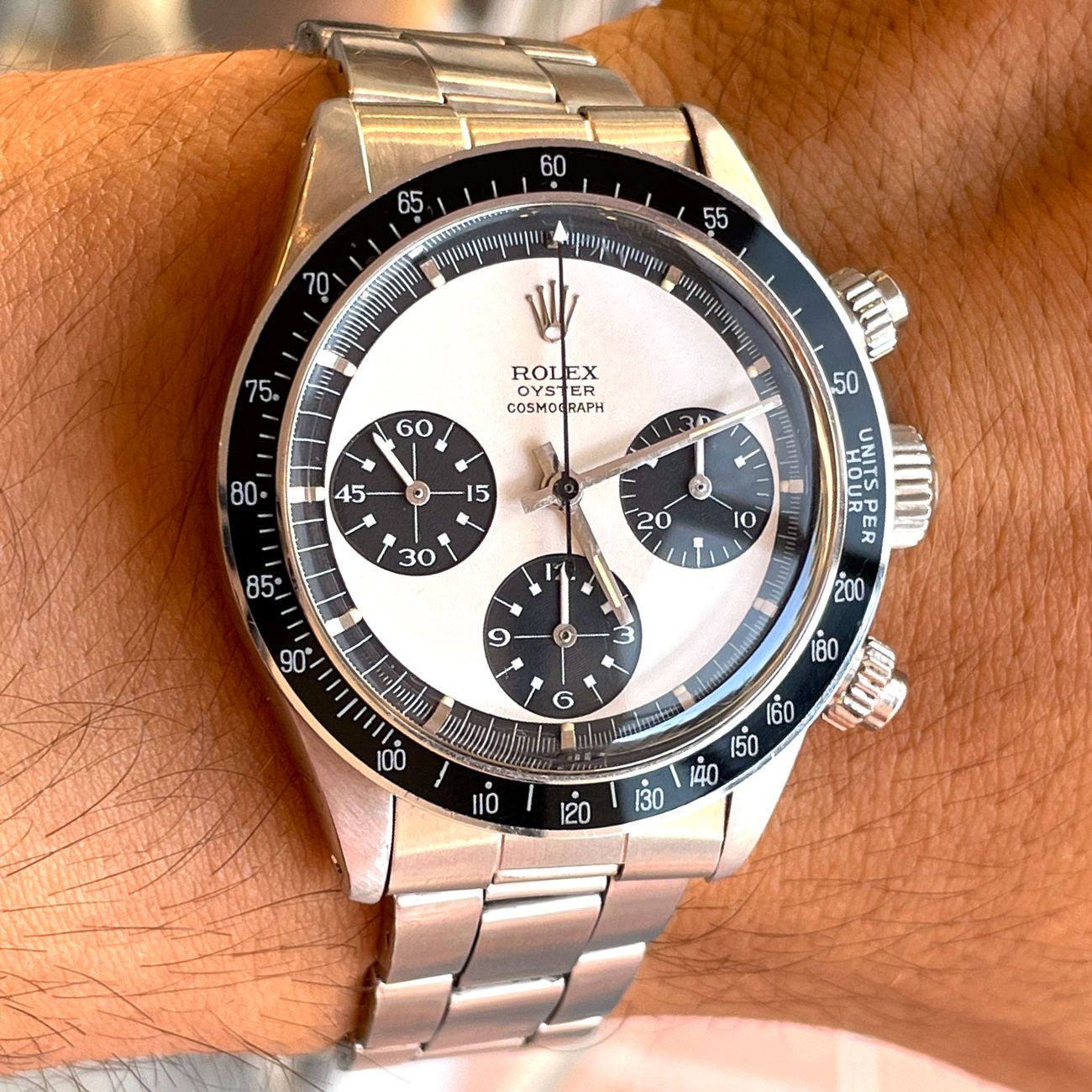 Rolex Paul Newman Daytona “Panda” reference 6263 in stainless steel.