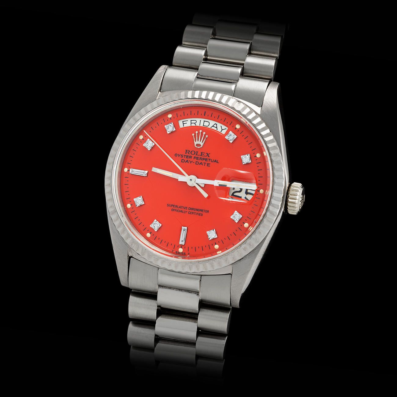 Lot 250 - Special and Refined, Day-Date, Automatic Wristwatch in White Gold, With Red Lobster Diamondset Stella Dial, Reference 1803 – Estimate: € 50,000 – 100,000 – View lot detail