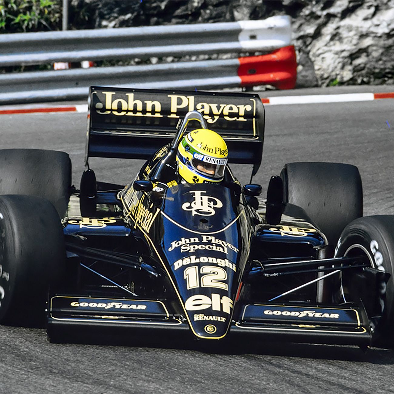Ayrton Senna driving the Lotus JPS 98T in 1986 around Monaco hairpin