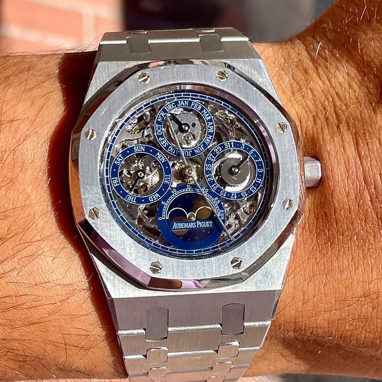 Audemars Piguet Royal Oak reference 25636PT.OO.0344PT.01 in Platinum with skeleton dial and blue registers.