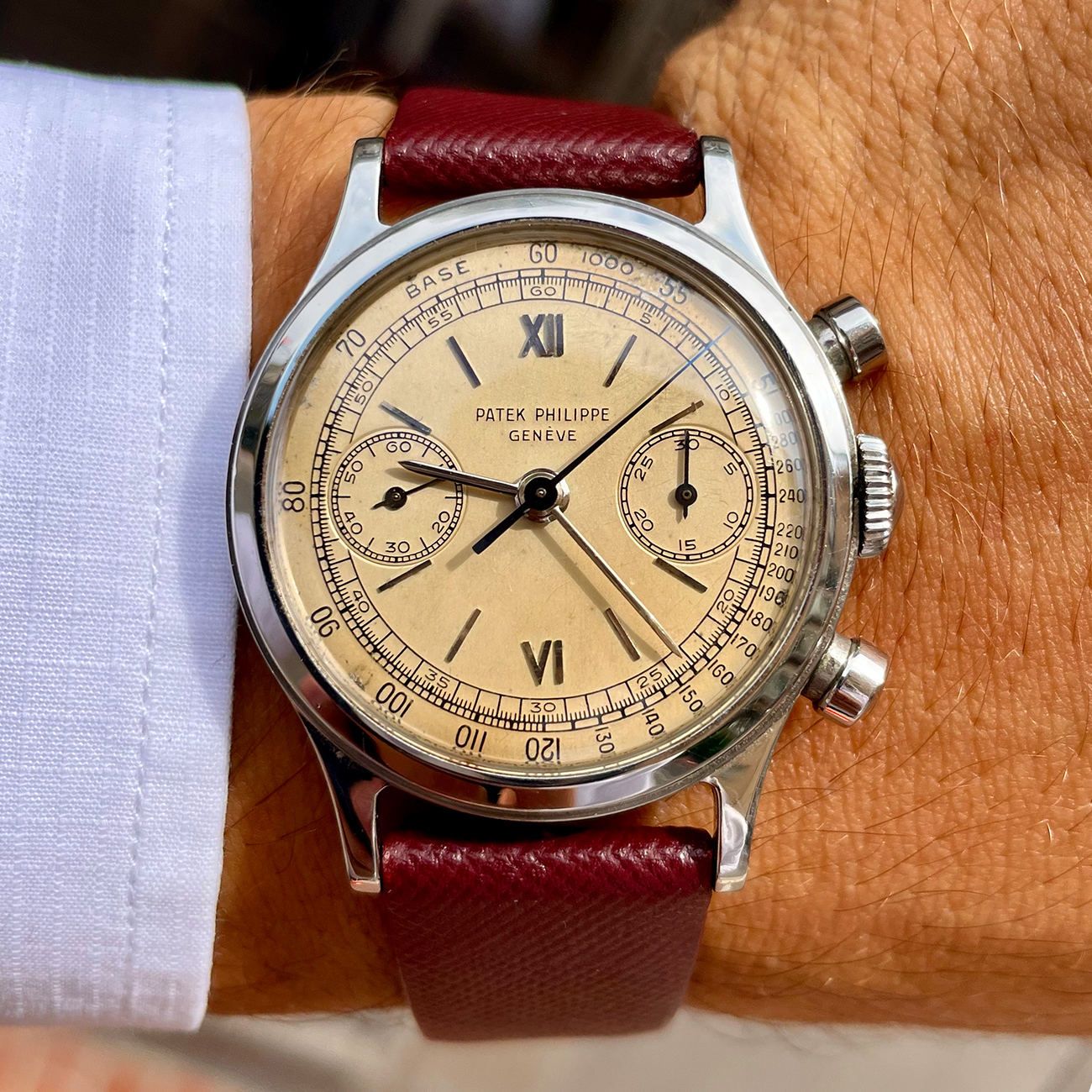 Patek Philippe Chronograph reference 1463 “Tasti Tondi” in stainless steel with gorgeous aged dial.