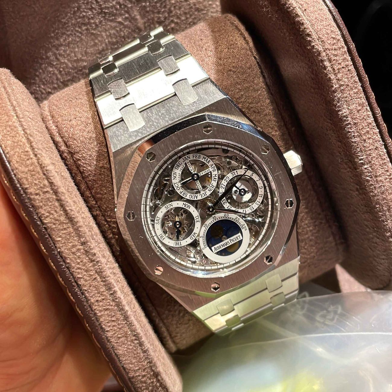 Audemars Piguet Royal Oak reference 25829ST.OO.0944ST.01 skeleton dial Perpetual Calendar in stainless steel.