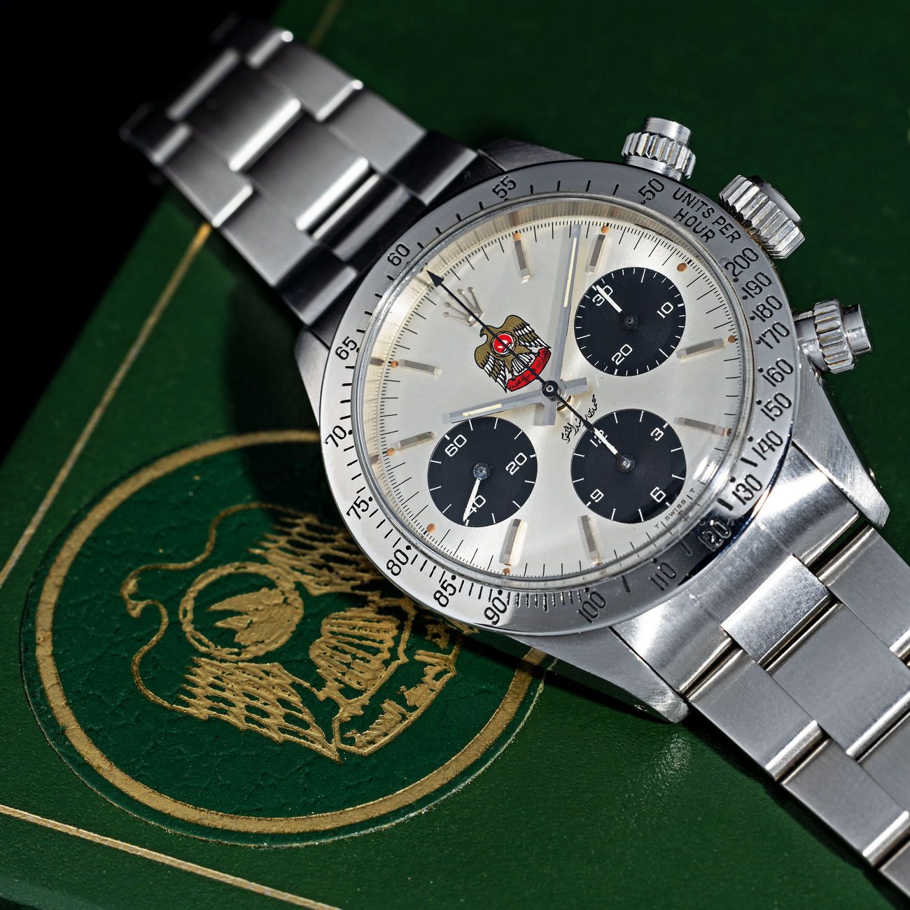Lot 55 — Exceptionally Rare, Precious and Sought After, Daytona Chronograph, Wristwatch in Steel, UAE Quraysh Hawk Dial, With Box and Papers, Published in Pucci Papaleo’s Book “Ultimate Rolex Daytona” – Estimate: € 250,000 – 500,000 — View lot detail