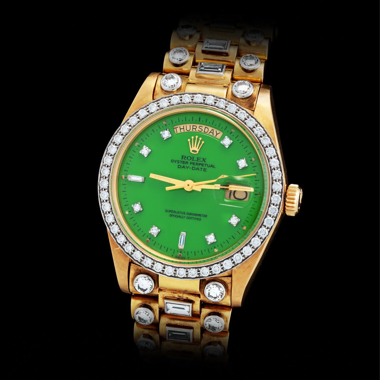 Lot 244 - Absolutely Outstanding, Precious and Glamorous, Day-Date Octopussy, Automatic Wristwatch in Yellow Gold, With Green Stella Dial, Diamond Set Dial, Bezel and Bracelet, Reference 1804 – Estimate: € 125,000 – 250,000 – View lot detail