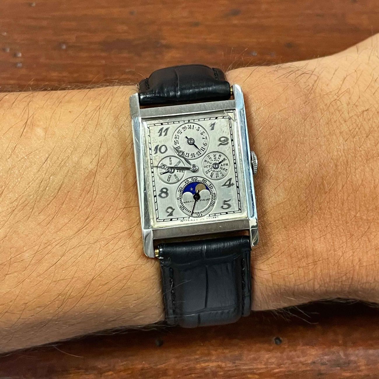Unique Platinum Audemars Piguet full calendar with moon phases, imported to France and retailed by Van Cleef & Arpels, Paris.