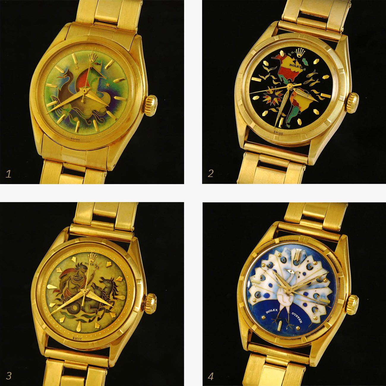1 - Rolex ref. 6100, 34mm case, depicting a viking vessel2 - Rolex ref. 6085, 34mm case, depicting the Americas3 - Rolex ref. 6301, 35mm case, depicting the Neptune Chariot4 - Rolex ref. 6085, 34mm case, depicting a Peacock
