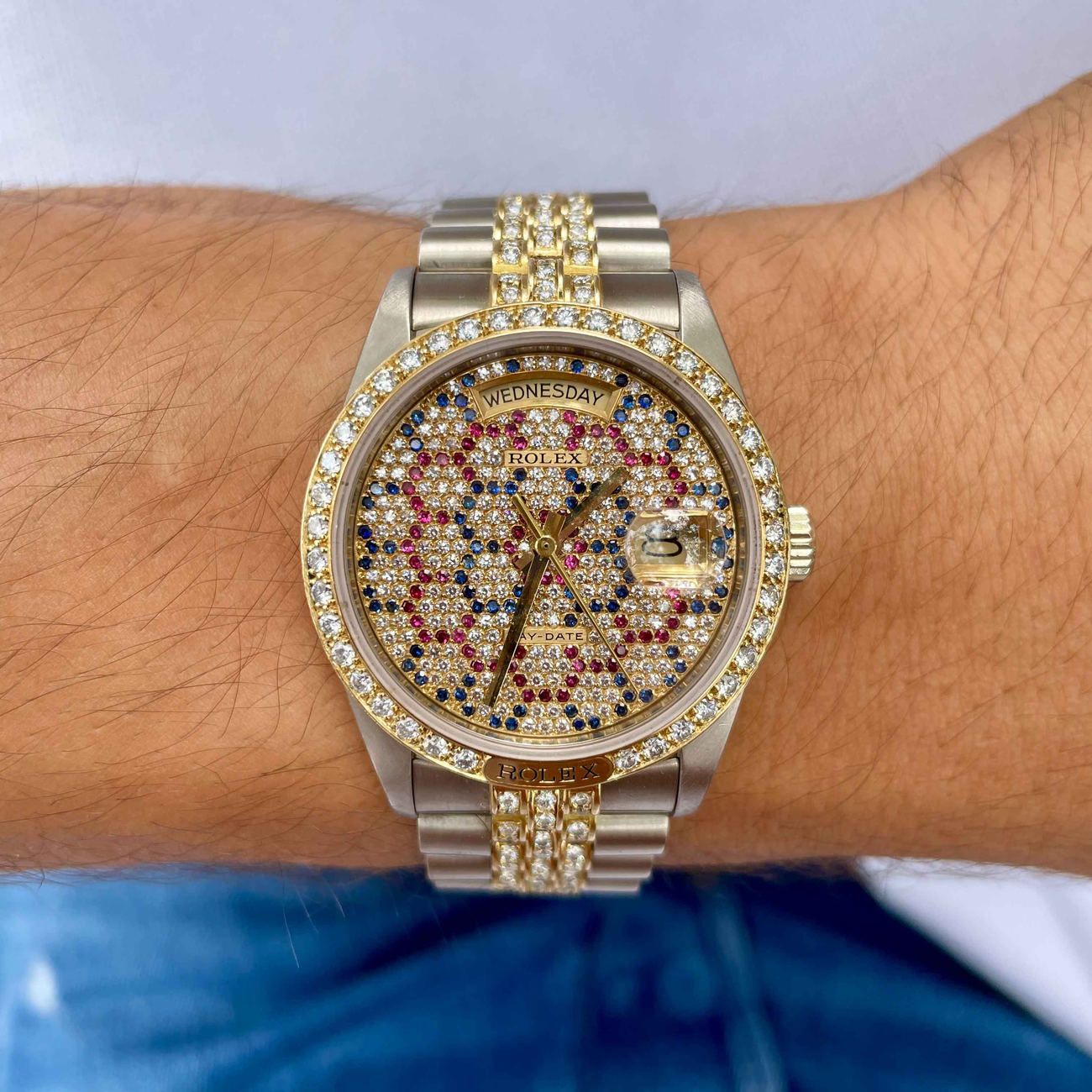 18k White and Yellow Gold Rolex Day-Date reference 18129 with very sought after factory honeycomb Rubies Sapphires & Diamonds set dial