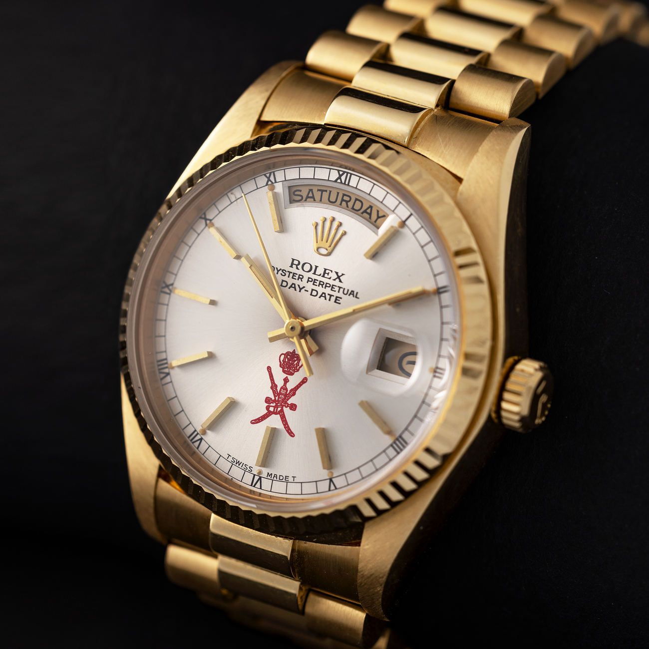 Lot 199 — Very Rare and Well Preserved, Day-Date, Automatic Wristwatch in Yellow Gold, With Khanjar Logo Dial, Reference 18038 – Estimate: €15,000 – 30,000 — View lot detail