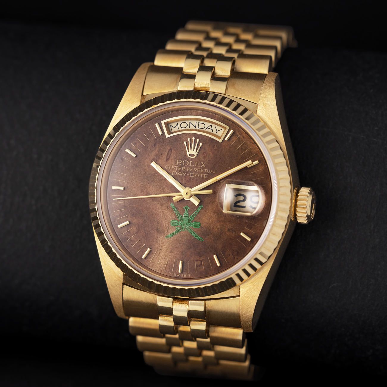 Lot 219 — Extremely Rare and Very Important, Day-Date, Automatic Wristwatch, in Yellow Gold, Wood Dial, Green Khanjar Logo, Reference 18038, Published in Pucci Papaleo’s Book “DAY-DATE, The Presidential Rolex”, With Pucci Papaleo Letter – Estimate: € 50,000 – 100,000 — View lot detail