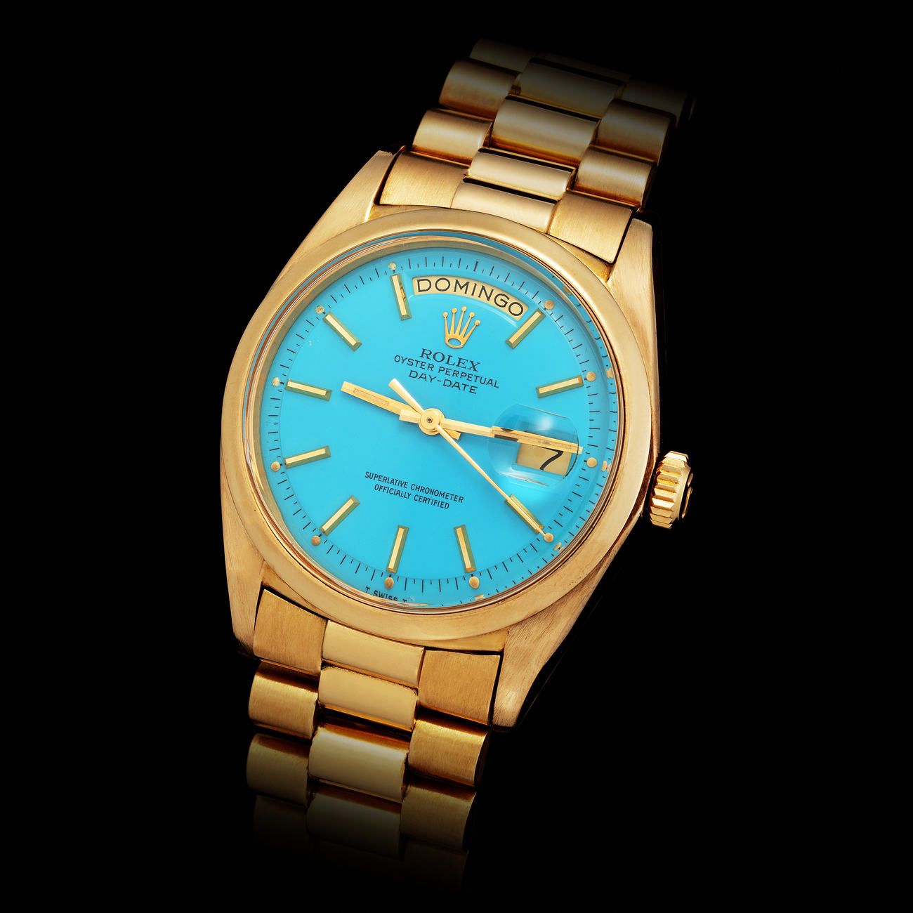Lot 188 - Very Rare and Attractive, Daydate, Automatic Wristwatch in Yellow Gold, With Turquoise Color Lacquered “Stella Dial”, Reference 1802 – Estimate: € 40,000 – 80,000 – View lot detail