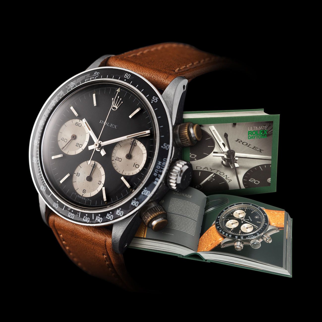 Lot 33 — ROLEX, Highly Attractive and Very Rare, Daytona Chronograph, Wristwatch in Steel, “Solo Rolex” Black Matte Dial, Reference 6240, Published in Pucci Papaleo’s Book “Ultimate Rolex Daytona” With Confirming Letter by Pucci – Estimate: € 100,000 – 200,000 – VIEW LOT