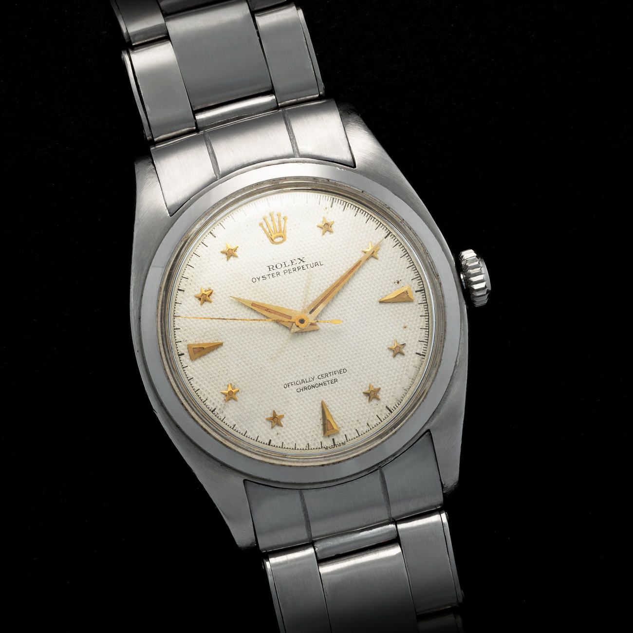 Lot 199 — Astonishing and Very Rare, Oyster Galaxy, Perpetual Automatic Wristwatch in Steel, With Honeycomb Dial and Star-Shaped Indexes, Reference 6098 — Estimate: € 50,000 - 100,000 — View lot detail