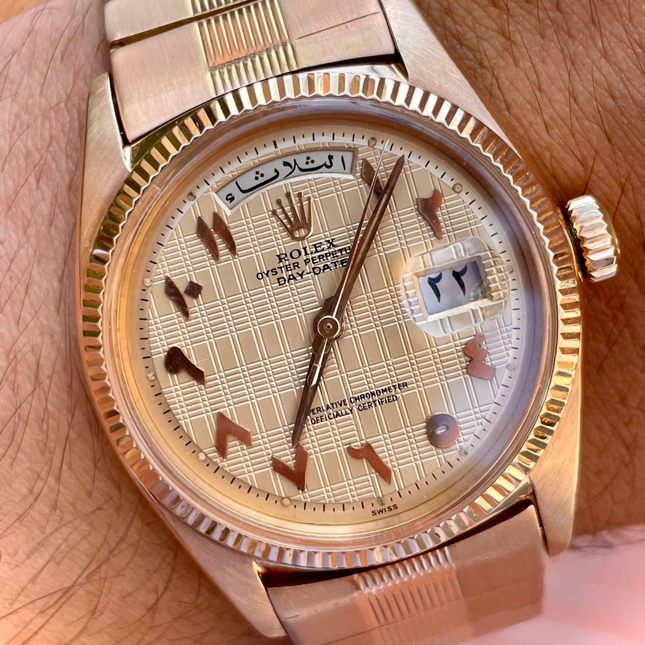 Rolex Day Date reference 1803 in 18k pink gold with very rare pink textured dial with Arabic numbers, Arab day and date discs, very rare Pink gold rolex links bracelet, made for the Arab market.