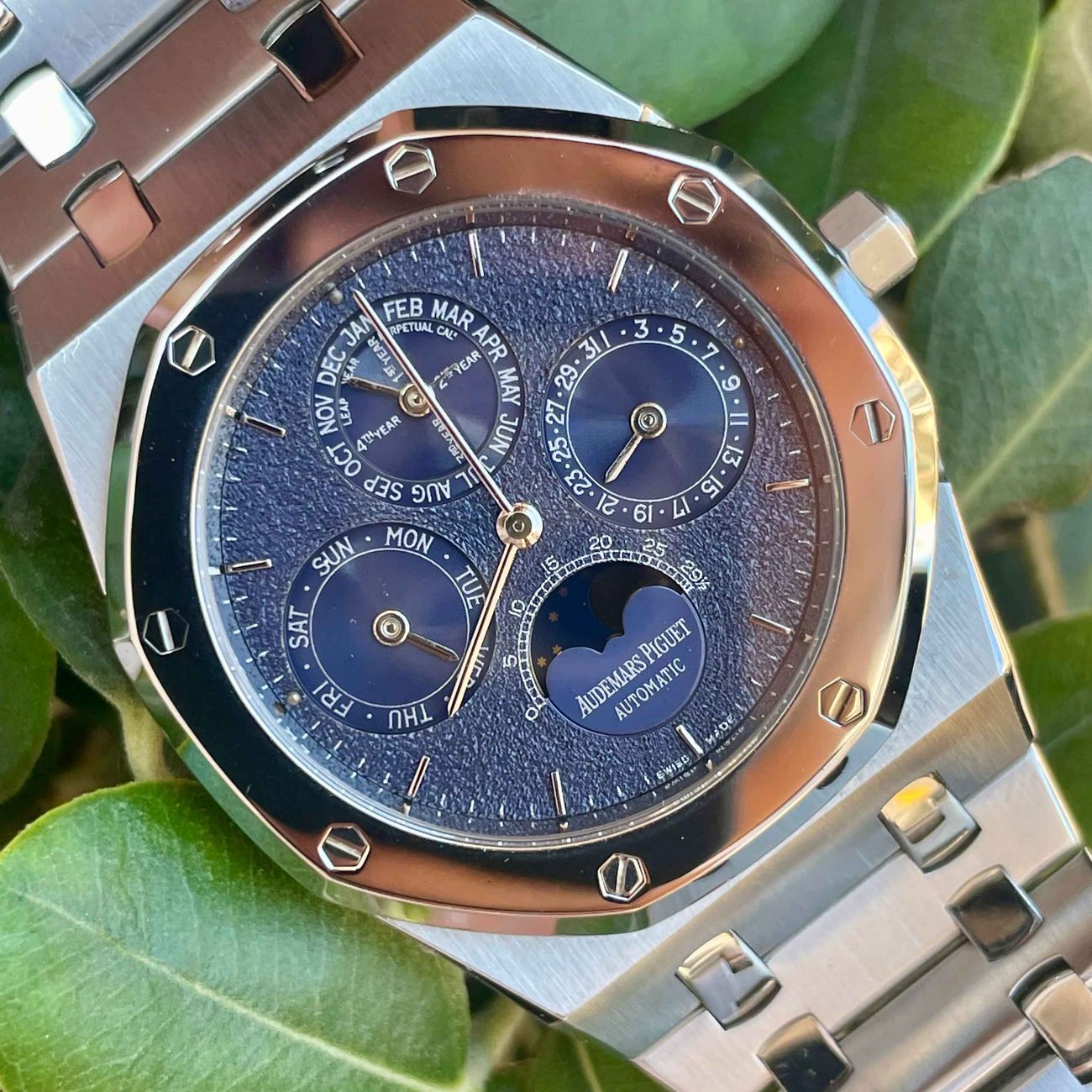 Audemars Piguet Perpetual Calendar ref. 25820 in Steel & Platinum with blue “Tuscany” dial.