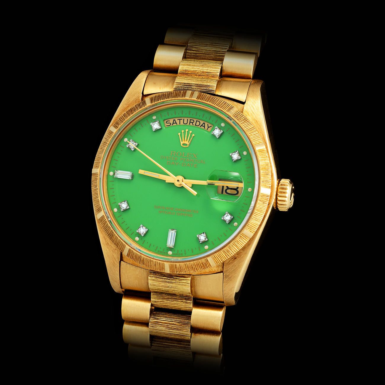 Lot 87 - Extremely Rare and Very Important, Day-Date, Automatic Wristwatch in Yellow Gold, With Light Green Diamond-Set Stella Dial, Reference 18078 – Estimate: € 50,000 – 100,000 – View lot detail