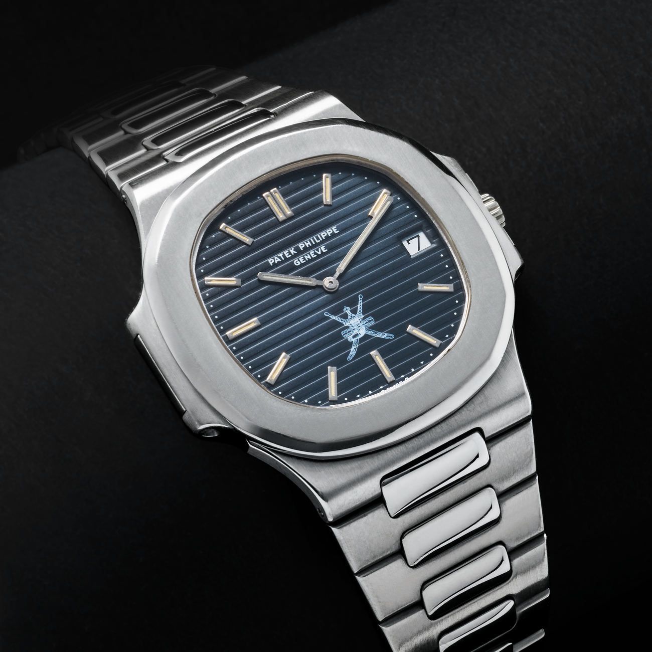 Lot 261 — Fresh to the Market, Extremely Rare and Astonishing, Nautilus “Jumbo”, Automatic Wristwatch in White Gold, With White Khanjar Logo, Made for the Sultanate of Oman, Property of the John Goldberger Collection, Reference 3700 – Estimate: € 800,000 – 1,600,000 — View lot detail