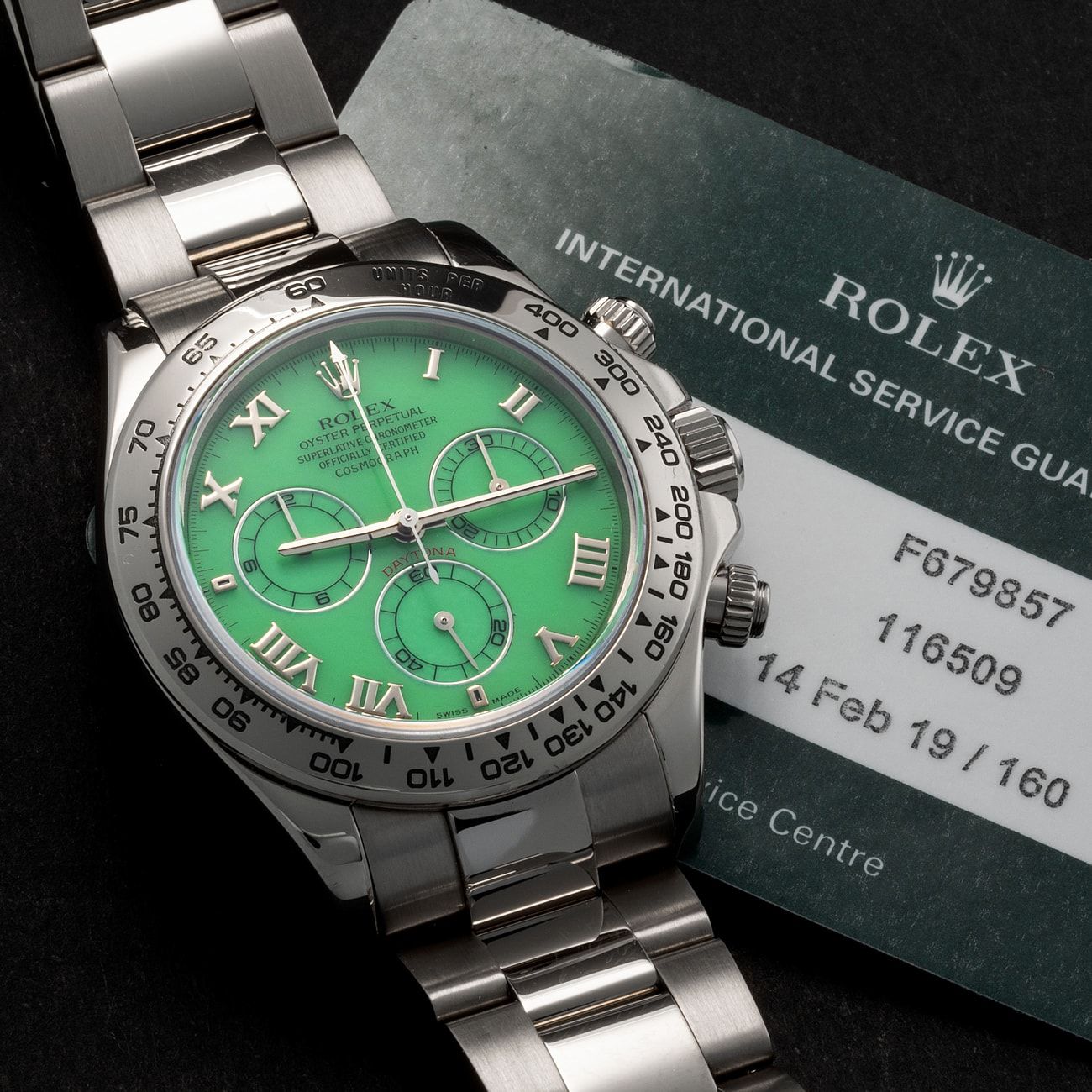 Lot 172 - Stunning and Extremely Precious, Daytona, Automatic Chronograph Wristwatch in White Gold, With Very Rare Chrysoprase Green Beach Dial, Reference 116509, With Rolex Service – Estimate: € 50,000 – 100,000 – View lot detail