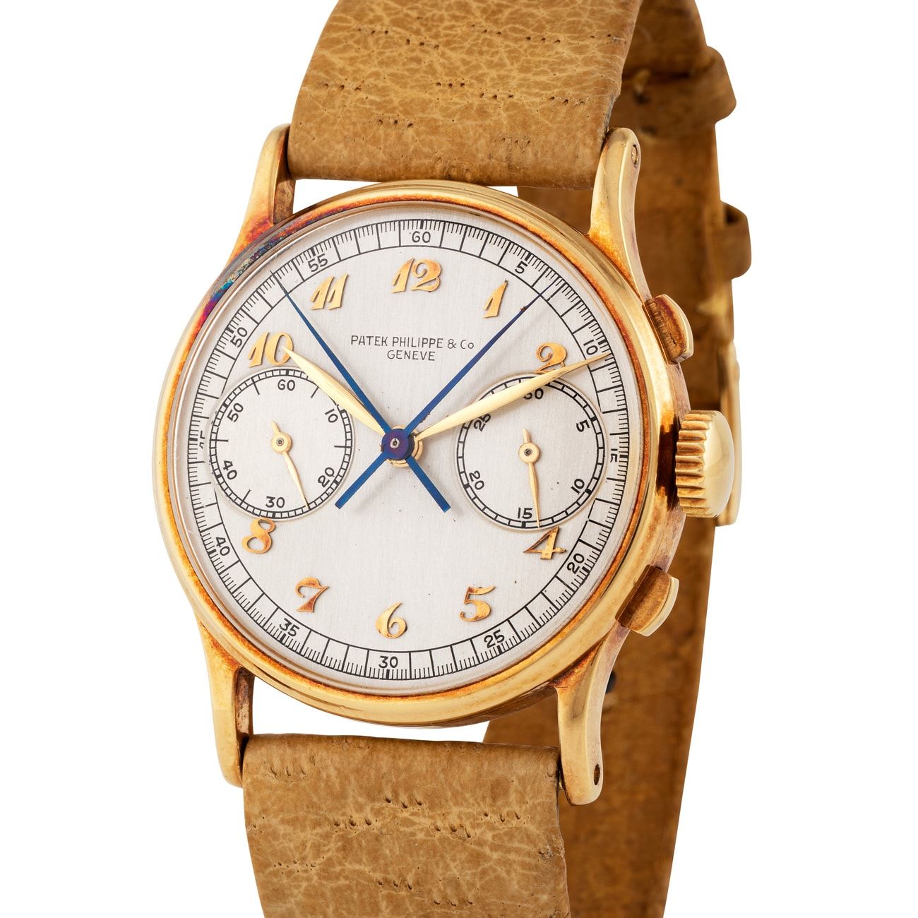 An incredibly rare and attractive 18k yellow gold Patek Philippe Split Second Chronograph with square buttons, reference 1436. Bearing a very special and rare configuration of Breguet numbers dial, no tachometer scale and large registers. Dating to 1945 and preserved in exceptional conditions.