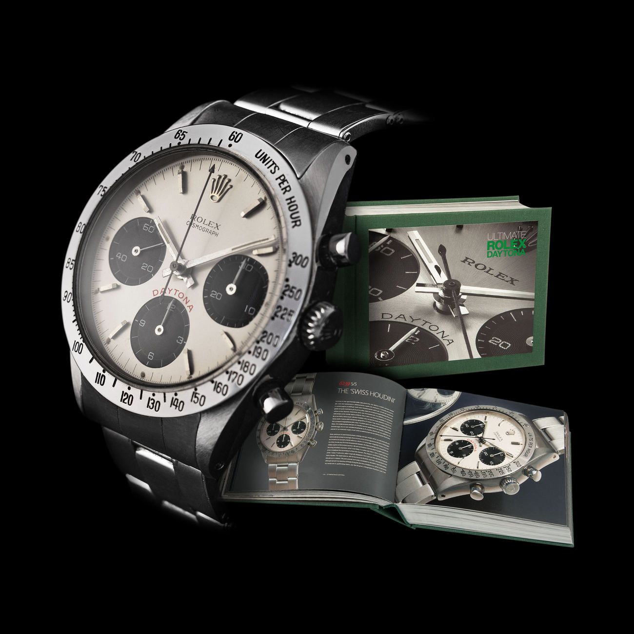 Lot 108 — ROLEX, Sought after and Important, Daytona Chronograph, Wristwatch in Steel, With Cherry-Red Logo and Ghost Swiss, Reference 6239, Published in Pucci Papaleo’s Book “Ultimate Rolex Daytona” – Estimate: € 120,000 – 240,000 – VIEW LOT