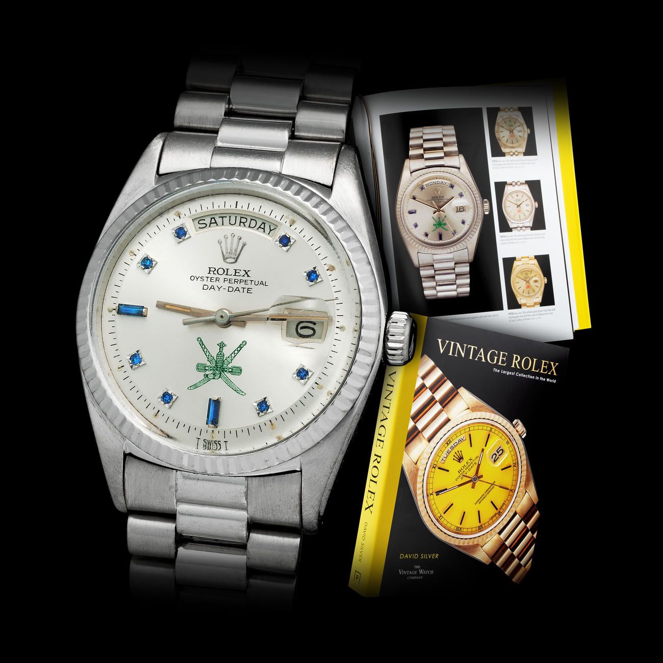 Lot 88 - Incredibly Rare and Luxurious, Day-Date, Automatic Wristwatch in White Gold, With Sapphiresset Dial and Precious Green Khanjar Logo, Reference 1803 – Estimate: € 60,000 – 120,000 – View lot detail