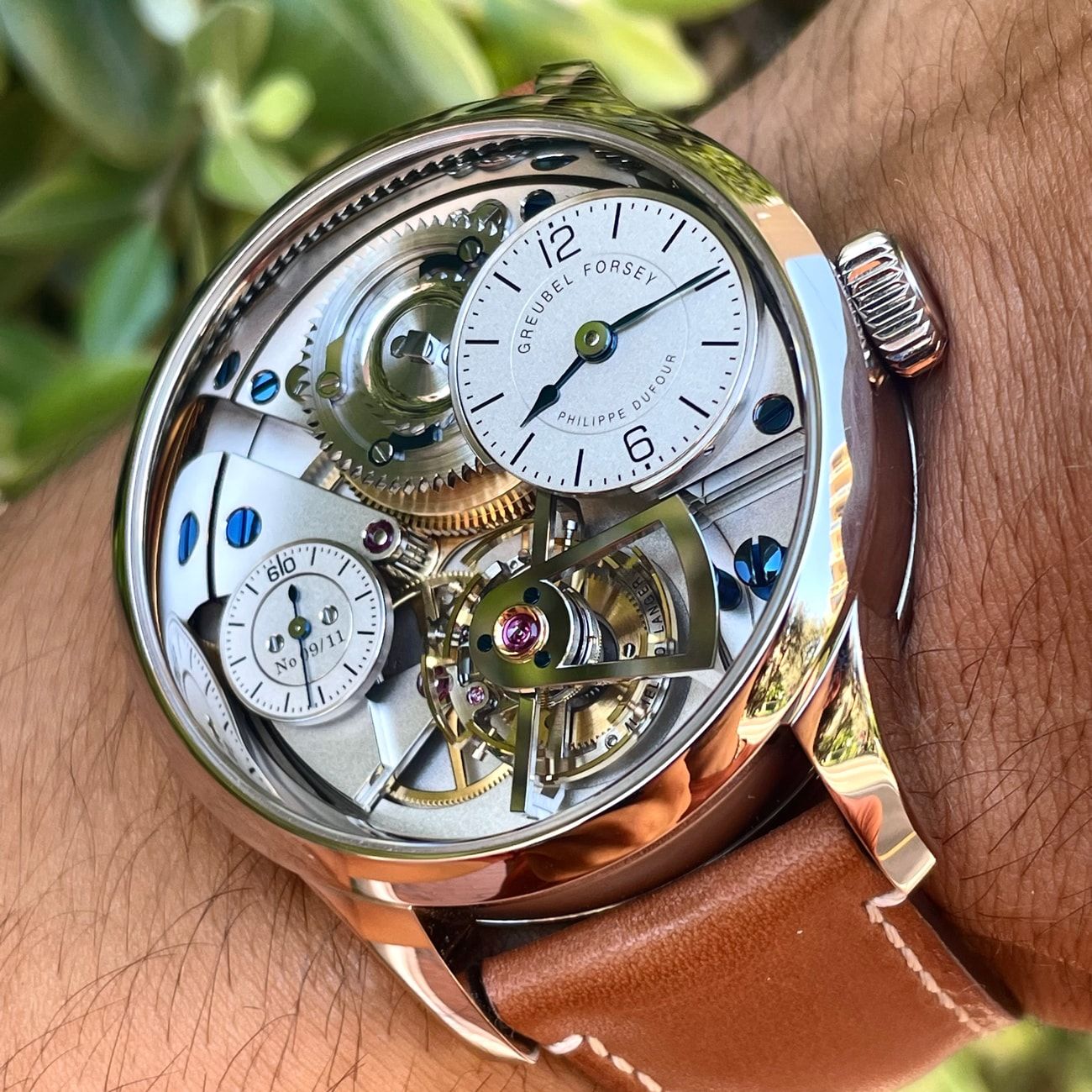 GRUEBEL FORSEY, PHILIPPE DUFOUR and MICHEL BOULANGER, 18kt White Gold Case Semi-Skeletonized Tourbillon Limited Edition.