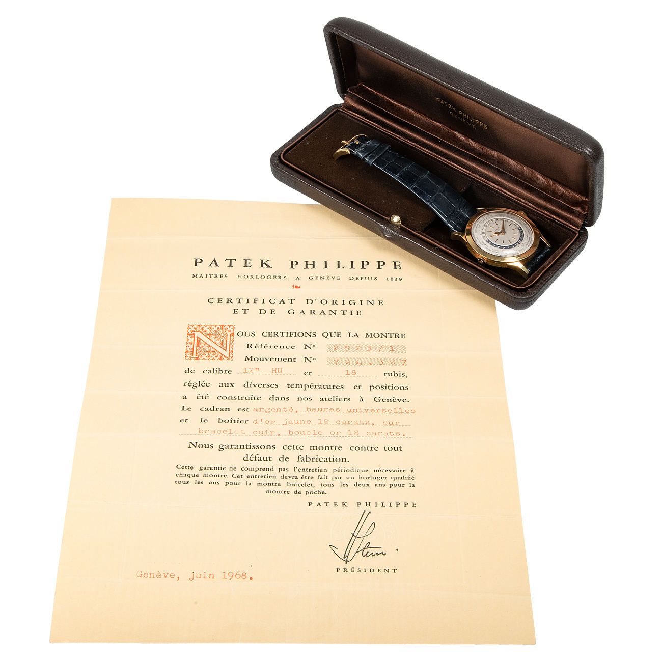 Lot 164 — PATEK PHILIPPE, Property of a Very Esteemed European Collector, Extremely Well Preserved, Rare and Historically Important, Dual Crown World Time, Wristwatch in Yellow Gold, With Box and Certificate of Origin, Reference 2523/1 – Estimate: € 2,000,000 – 4,000,000 — View lot detail