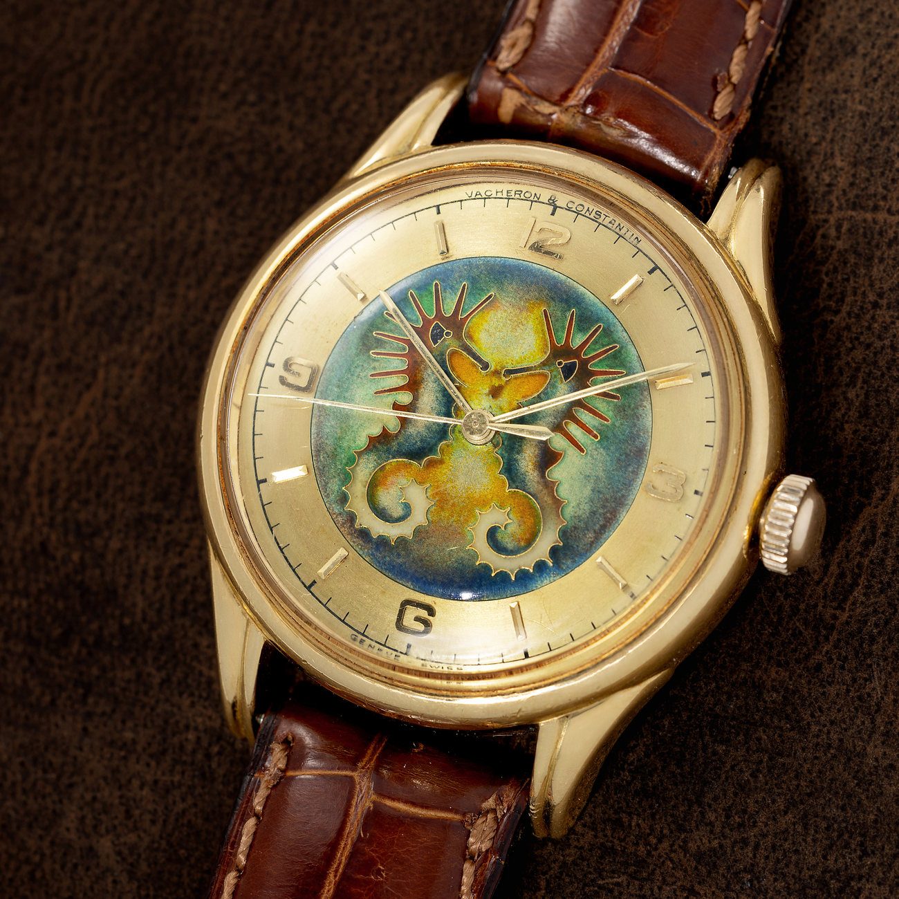 An exceedingly rare 1950's Vacheron Constantin in 18K yellow gold with cloisonné enamel dial with ‘mirrored seahorse motif’, accompanied by its original box. Consigned during the Miami Show, and to be featured in our upcoming Exclusive Timepieces auction.