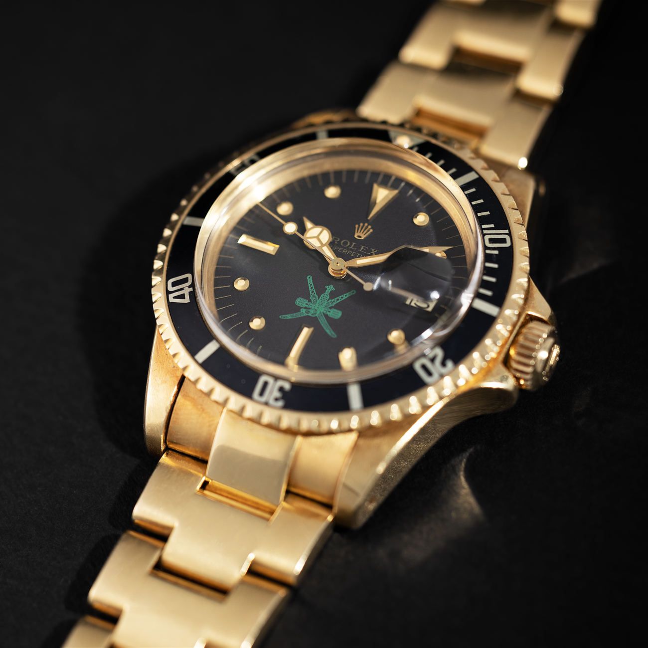 Lot 223 — Extremely Important, Remarkable and Probably Unpolished, Submariner, Automatic Wristwatch in Yellow Gold, With Rare Green Khanjar Logo, Reference 1680 – Estimate: € 250,000 – 500,000 — View lot detail