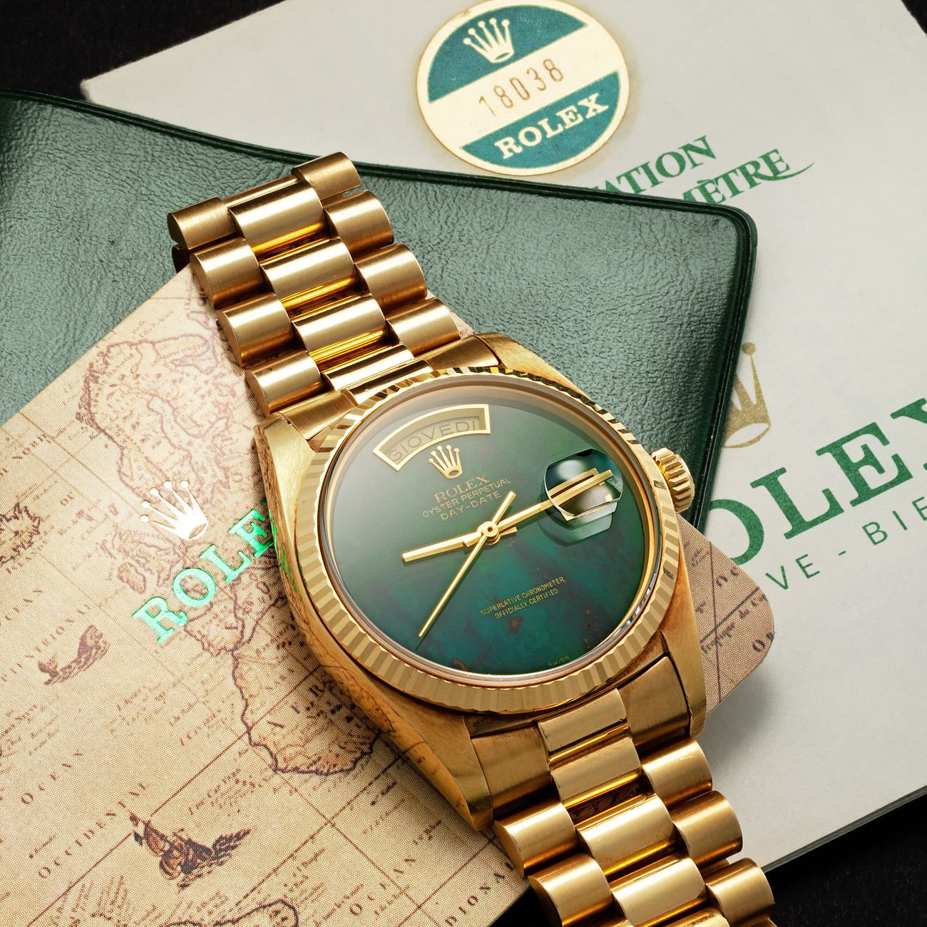 Lot 184 - Special and Refined, Day-Date, Automatic Wristwatch, in Gold, Bloodstone Jasper Dial, Reference 18 038, With Warranty, Wallet and Calendar – Estimate: € 40,000 – 80,000 – View lot detail
