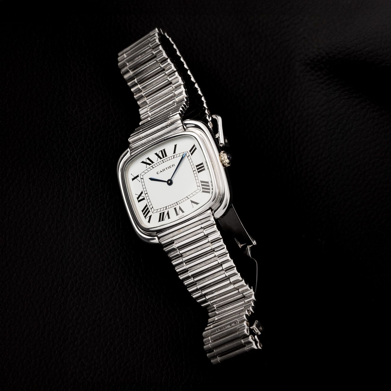 Cartier Gondole Jumbo, White Gold (1988)A statement of true understated luxury in white gold, featuring a stepped case and bracelet, box, and warranty making this a collector’s gem.