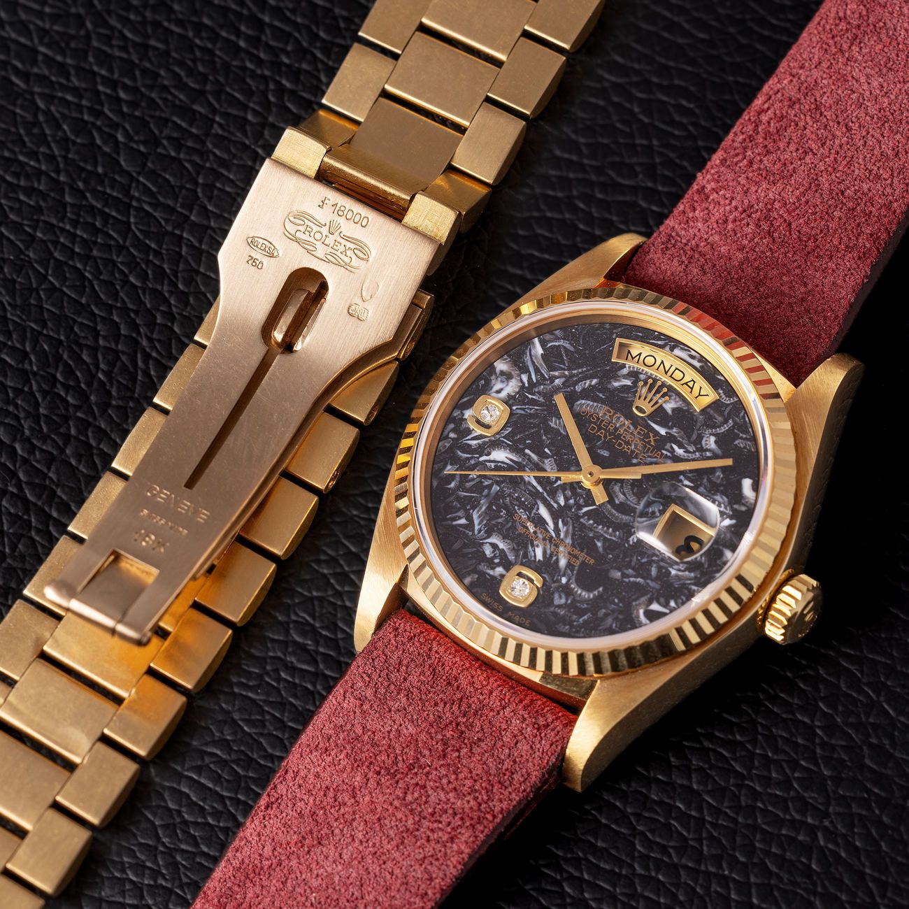 Lot 65 – Rolex Day-Date in yellow-gold reference 18 038, with ammonite dial and additional bracelet.