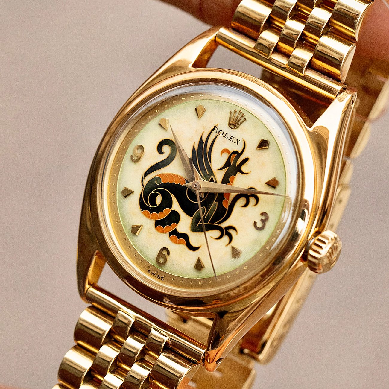 The Dragon - Rare and Magnificent Jumbo Rolex 6098 with Cloisonné Dragon Dial Cover